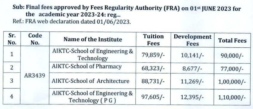 BE Fee Structure - 2023-2024 - Kalsekar Technical Campus